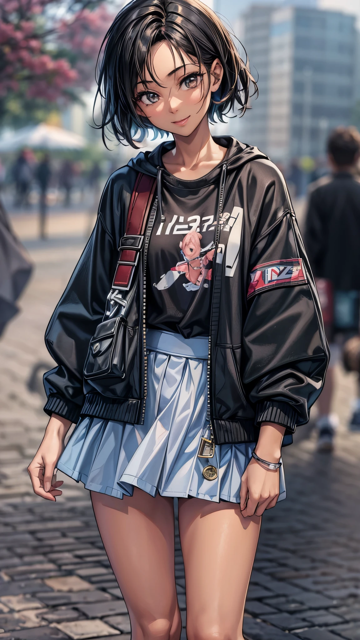 ((2.0 Look Away),((whole body)),Beautiful attention to detail, Beautiful lip detail,One of the Japanese girl,In the park,((Dark skin tone 2.0)), (Very short black hair),((Lonely Smile)),casual ((Long sleeve tops,mini skirt)),((High-top sneakers)),quality, 4K, 8k, High resolution, masterpiece:1.2, Very detailed, Realistic, photoRealistic, photo-Realistic:1.37, High resolution, 超High resolution, Studio Lighting, Ultra-fine painting, Sharp focus, Physically Based Rendering, Very detailed explanation, Professional, Vibrant colors, bokeh, Portraiture