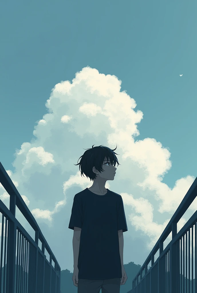 Boy with depression、Japanese、Long Hair、Black T-shirt、Looking up at the sky、Real、Pedestrian bridge、Cloudy、Highest quality、Masterpiece