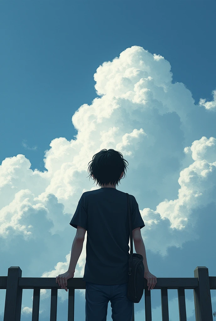 Boy with depression、Japanese、Long Hair、Black T-shirt、Looking up at the sky、Real、Pedestrian bridge、Cloudy、Highest quality、Masterpiece