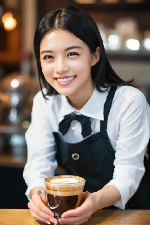 (8k, RAW photo, best quality, masterpiece), (photorealistic), outstanding details, ultra-high resolution, anatomically correct, textured skin, (Extremely precise and accurate anatomy),
Ultra Detailed Face, Detailed Eyes,
1 Girl, (barista) , ( barista uniform) , forehead, (pulled back hair) ,
(Cute Japanese girl , 1 ), light smile,
cinematic lighting in the hair, hair light, wind in the hair,
(open cafe),
(backlighting),
(reflection light from below:1.4),
atmospheric perspective, depth of field,
(dramatic lighting), cinematic lighting,