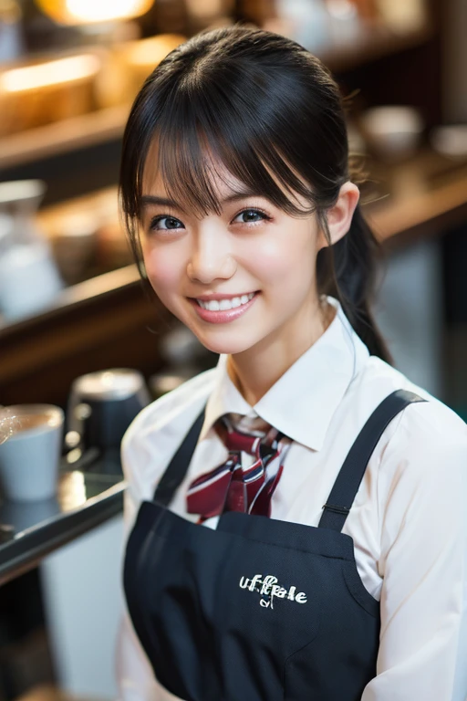 (8k, RAW photo, best quality, masterpiece), (photorealistic), outstanding details, ultra-high resolution, anatomically correct, textured skin, (Extremely precise and accurate anatomy),
Ultra Detailed Face, Detailed Eyes,
1 Girl, (barista) , ( barista uniform) , forehead, (pulled back hair) ,
(Cute Japanese girl , 1 ), light smile,
cinematic lighting in the hair, hair light, wind in the hair,
(open cafe),
(backlighting),
(reflection light from below:1.4),
atmospheric perspective, depth of field,
(dramatic lighting), cinematic lighting,