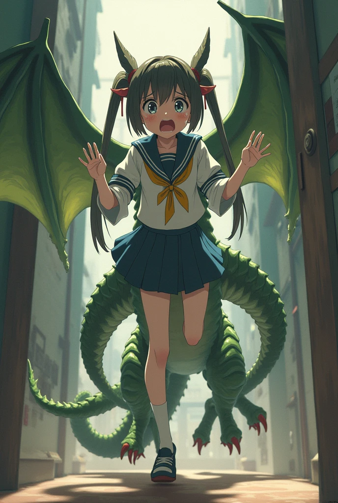 A girl's lower_body is transforming into a dragon(dragon_taur)(four dragon legs)(four dragon feets)(scared)(Japanese anime style)(scared and crying)(three dragon tails)(dragon wings)(dragon angles)(dragon ears)(dragon eyes)(broken student costume)(no human's legs)
)(dragon 1:5)