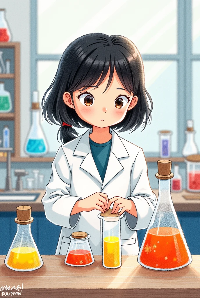 A girl in a white coat, Doing a chemistry experiment in the lab,Crayon illustration,Doudouyan,Stick Figure