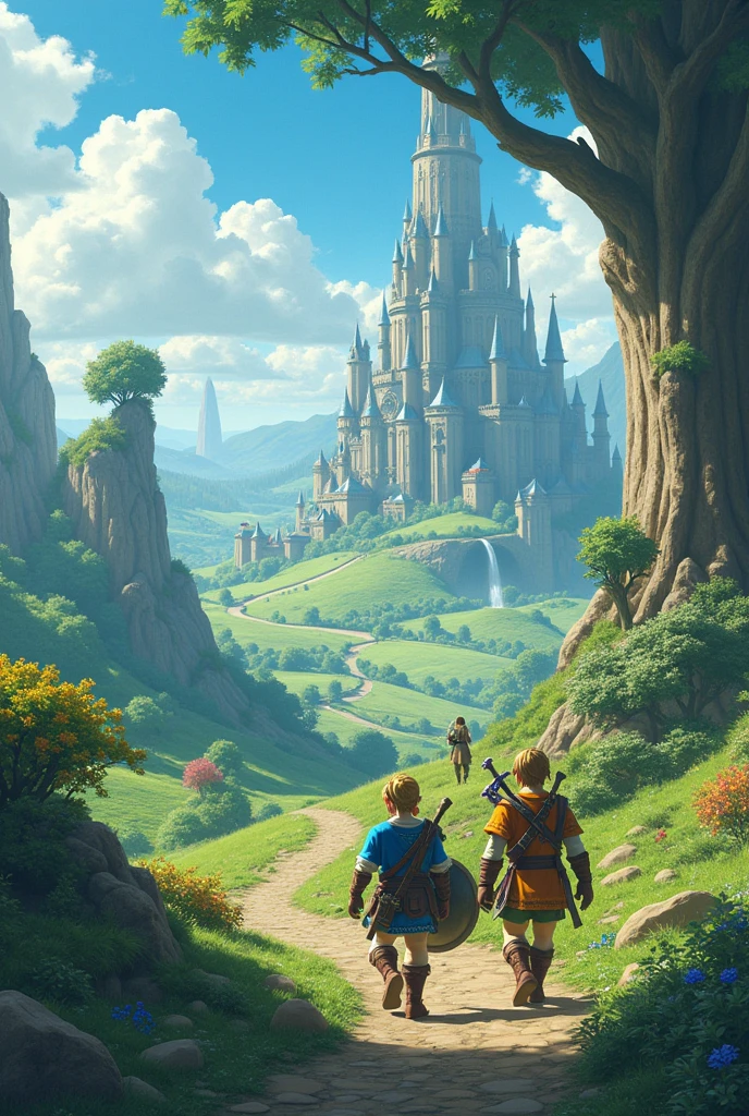 Croisement épique de Zelda et Dragon Quest dans un paysage de terre fantaisiste