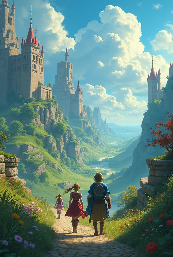Croisement épique de Zelda et Dragon Quest dans un paysage de terre fantaisiste