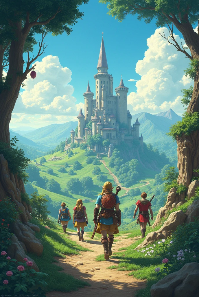 Croisement épique de Zelda et Dragon Quest dans un paysage de terre fantaisiste