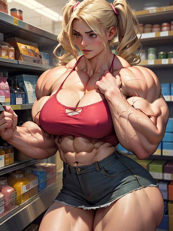 (masterpiece, realistic, detailed:1.2), young girl, ordering at a medicine shop, (hypermuscle:1.6), (young, ager), long straight blonde hair, pink bralette, realistic face, (shy expression:1.2), (small waist, massive thighs, gigantic ass:1.2), (detailed face, beautiful face, realistic face), pigtails, pink skirt, (huge lips)
