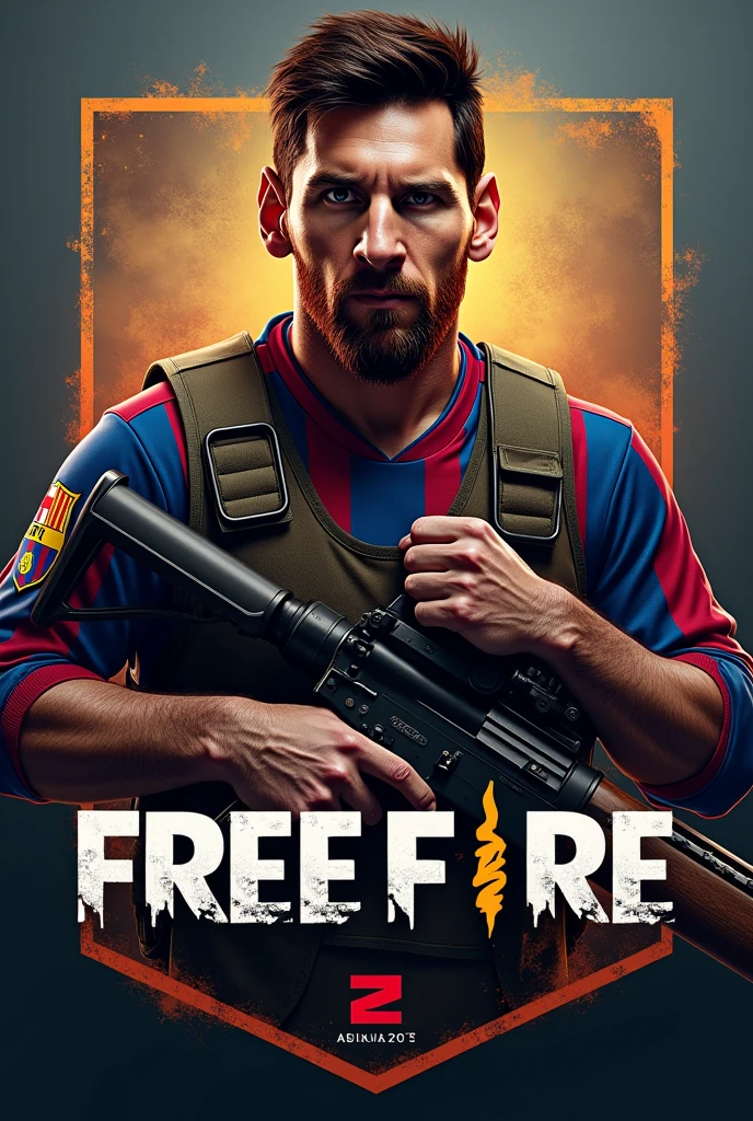 Logo of messi collaboration with free fire carying AK 47 in solder
