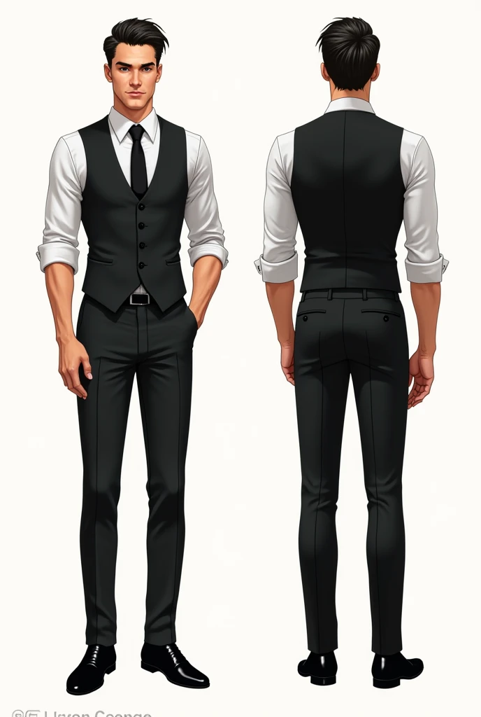 Can you make 2d pose character drawing survey front and back and the theme is debonair male black pants and shoes, no coat with vest black and tie