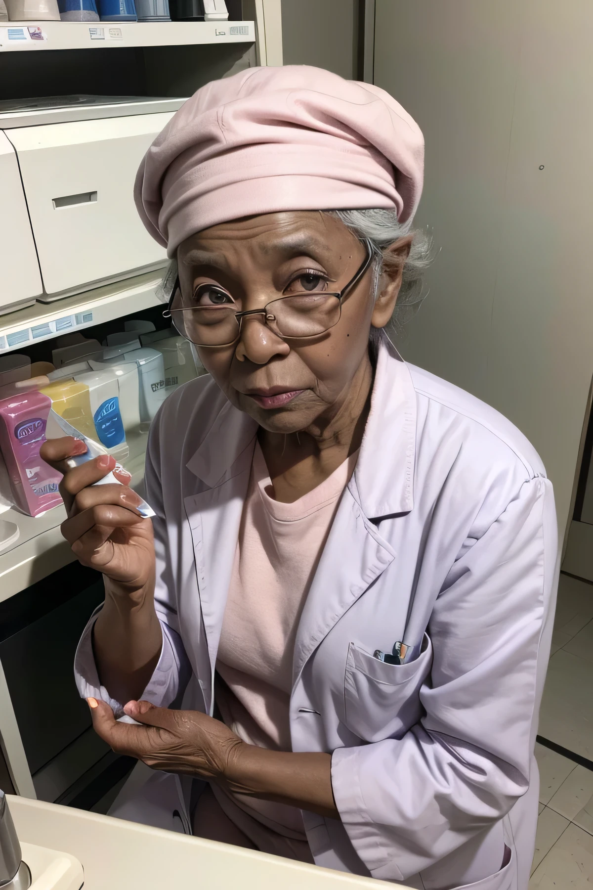 elderly woman dark skin, tired expression, wrinkles, disposable cap surgical, behind a counter with nail polishes, lab coat, quality professional