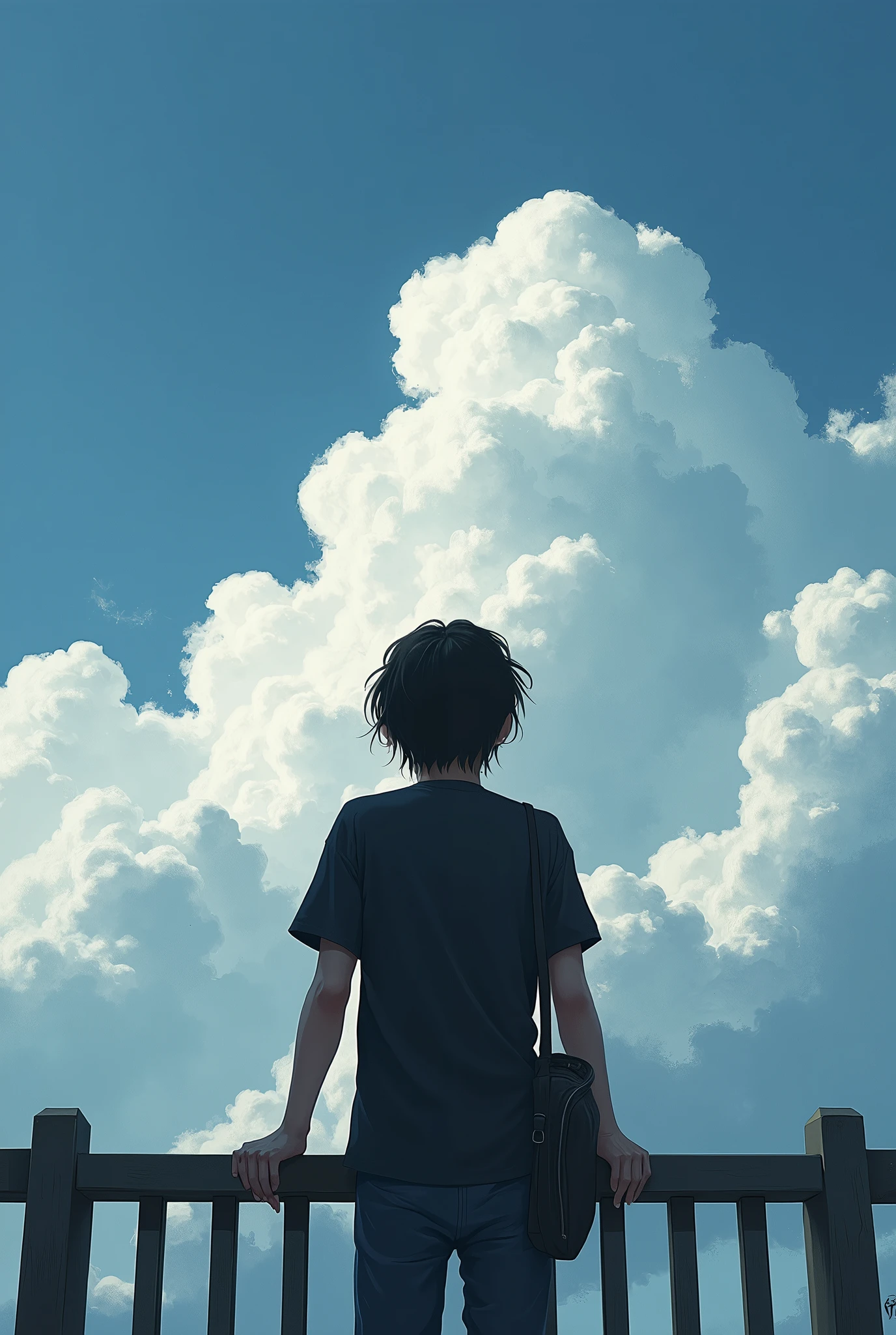 Boy with depression、Japanese、Long Hair、Black T-shirt、Looking up at the sky、Real、Pedestrian bridge、Cloudy、Highest quality、Masterpiece