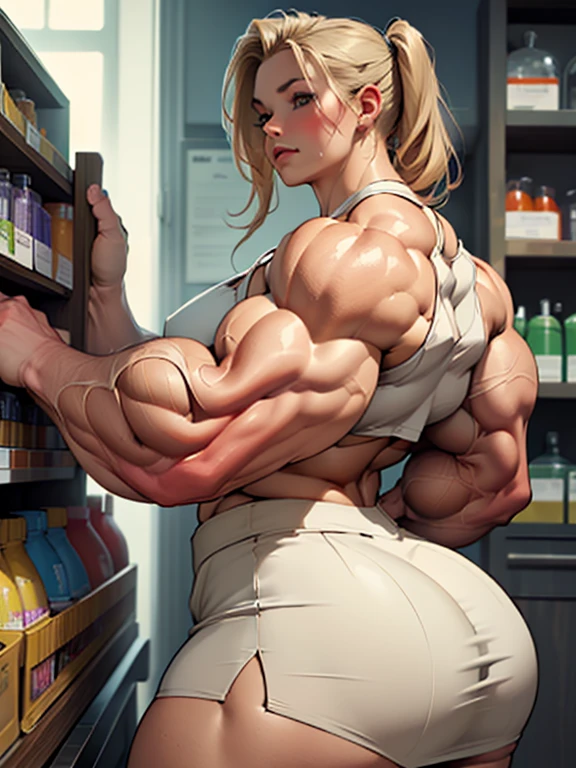 (masterpiece, realistic, detailed:1.2), young girl, ordering at a medicine shop, (hypermuscle:1.6), (young, teenager), long straight blonde hair, pink bralette, realistic face, (shy expression:1.2), (small waist, massive thighs, gigantic ass:1.2), (detailed face, beautiful face, realistic face), pigtails, pink skirt, (huge lips)