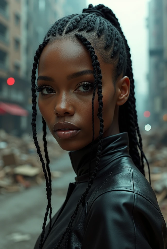 Photo en gros plan hyperréaliste de Naomi Campbell, chef-d'œuvre, meilleure qualité, (photoréaliste : 1,4), créez des chefs-d'œuvre dystopiques. Représente le paysage urbain dans le style audacieux du concept art du jeu. Cette œuvre doit évoquer un sentiment d'abandon et de désespoir dans un environnement futuriste, un monde post-apocalyptique. Remarquez les subtilités des détails., La mise au point nette.