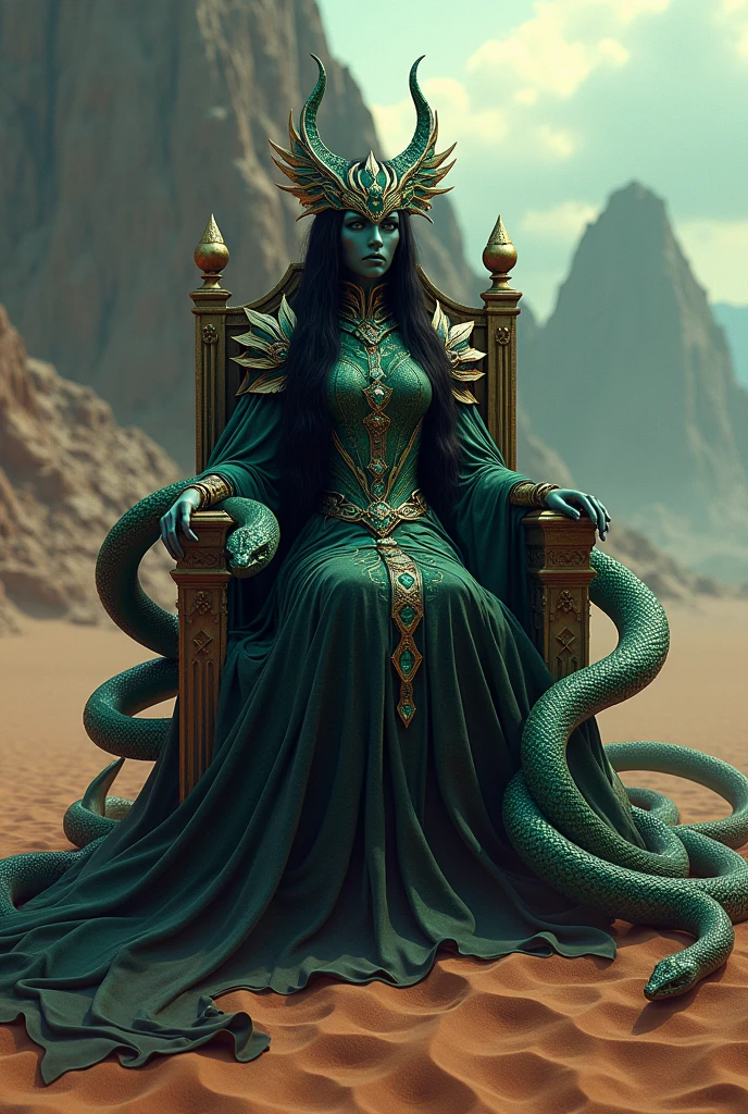 Here is a sentence to create an image:
"Upon a vast, arid dune, surrounded by majestic, crimson-hued mountains, the mysterious Queen of Snakes reigns supreme, her regal presence shrouded in dark, billowing smoke, as she sits enthroned, adorned in glittering, gemstone-encrusted armor, her long, raven tresses cascading like a waterfall of night, while her piercing emerald eyes gleam with ancient wisdom, as serpents of every hue entwine her majesty, forming a living, breathing aura of power, mystique, and untamed ferocity."
Imagine the captivating, ominous scene!