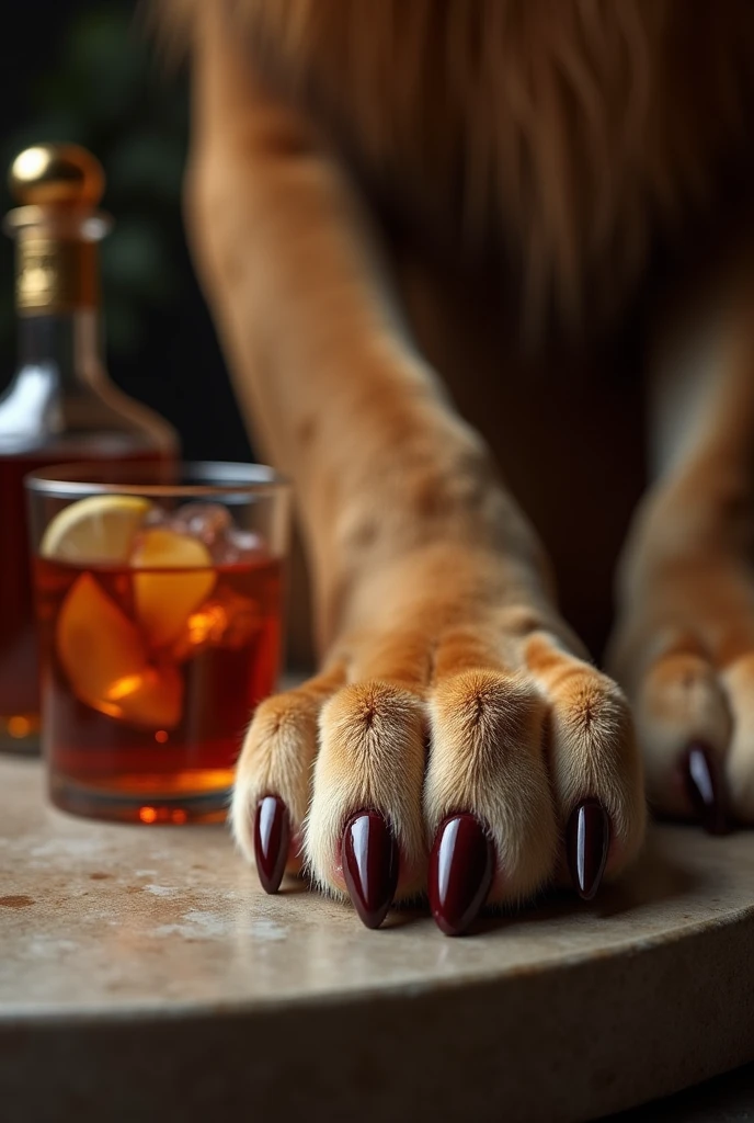 Elegant lioness paw with nails painted next to a sophisticated drink and a bottle