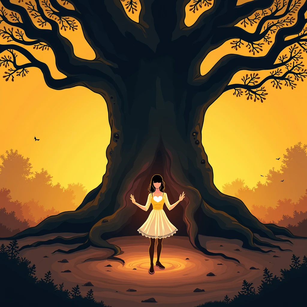 Black shadow of a beautiful tree root with a woman in the foreground wearing a white dress shirt with a glowing heart, cartoon, Vice City GTA, brown and yellow background