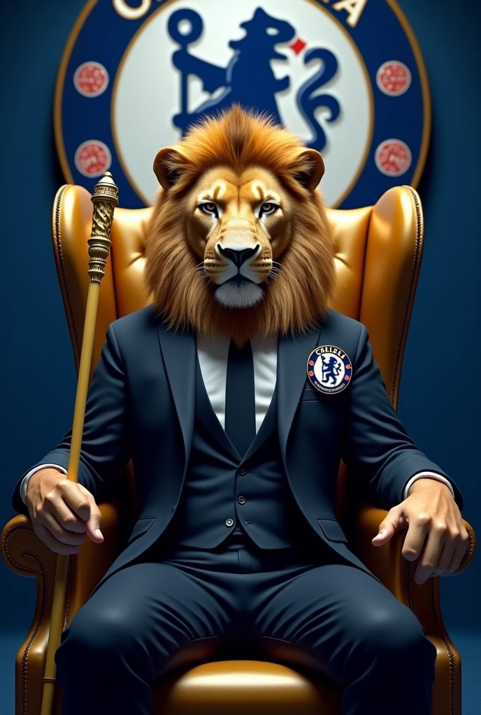 Create an image of a lion in a black suit with the Chelsea football club symbol on the chest in small size . The lion is holding a long golden staff sitting on a golden armchair overshadowed by blue. Blue background with Chelsea logo. 4k ultra realistic 