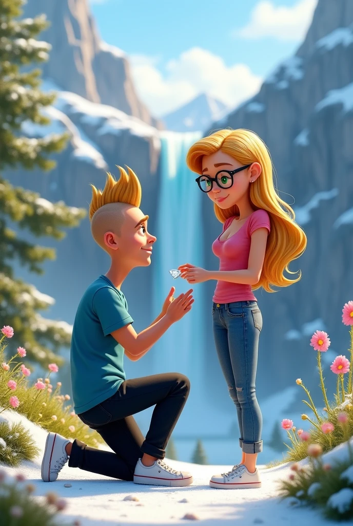 
create image in disney pixar cartoon style of a couple, he kneeling looking into her eyes asking her to be his girlfriend with a diamond ring in france in front of a beautiful mountain full of snow and a waterfall, he mohawk hair green eyes black pants with blue t-shirt and white sneakers she blonde green eyes black glasses with jeans pink low cut blouse and white sneakers 