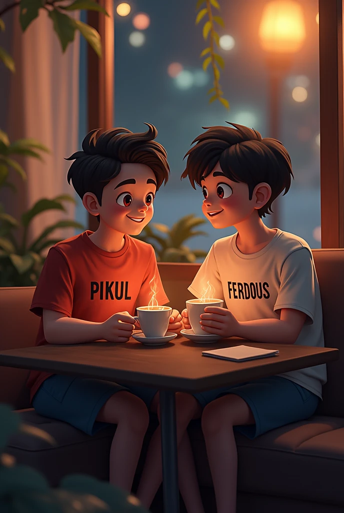 Pikul and Ferdous seating together and they are drinking tea in Night and Pikuls shirt name is Pikul and Ferdous shirt name is Ferdous and showing the shirt name