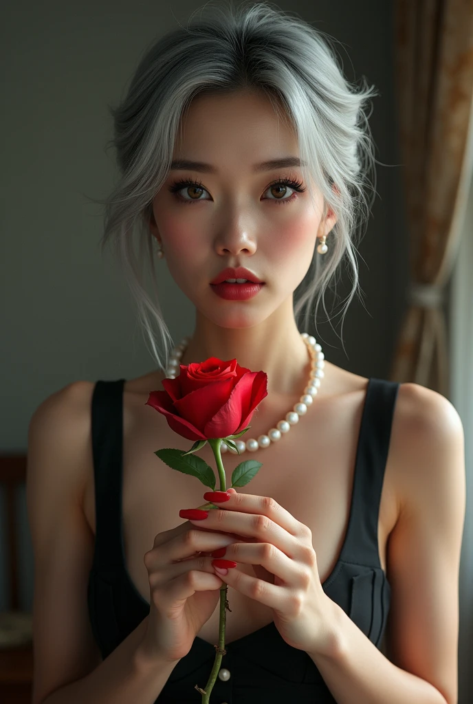 Real People,1 名亚洲女孩手里拿着A red rose,1,Slightly fat,Red nails,Silver short hair,Beautiful facial features,Exquisite makeup,Exquisite eyes,Eye details,Dark eyeshadow,A red rose,small freckles,Pearl Necklace,Black suspender skirt,Shoulder,arm,Soft light and shadow,Rich details