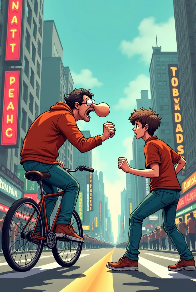 A cartoonist AI image of a man who is sit on a cycle to hitting a man with the background of city
