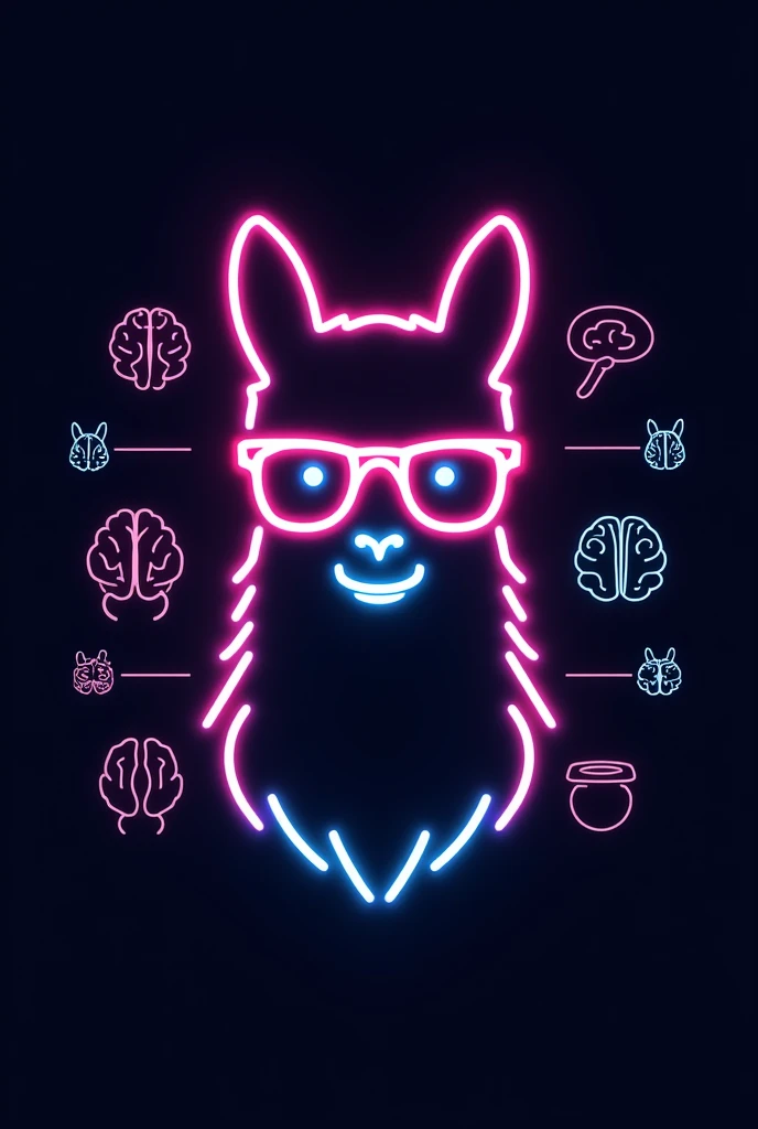 A minimalistic emblem featuring only the outline of a llama wearing glasses, drawn with neon colors. The design is purely an outline with no detailing, surrounded by multiple simple brain icons. The overall look is clean and modern, with bright neon lines on a dark background. This is a student poster for a psychology department party, with a focus on simplicity and a fun, acade, POSTER



