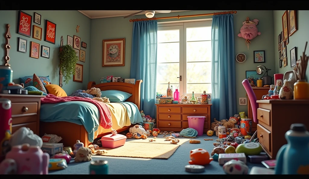 Im Stil von Pixar 3D-Animation filmen (Caricature). A messy room. There are clothes, Beverage cans, Leftover food and packaging waste.