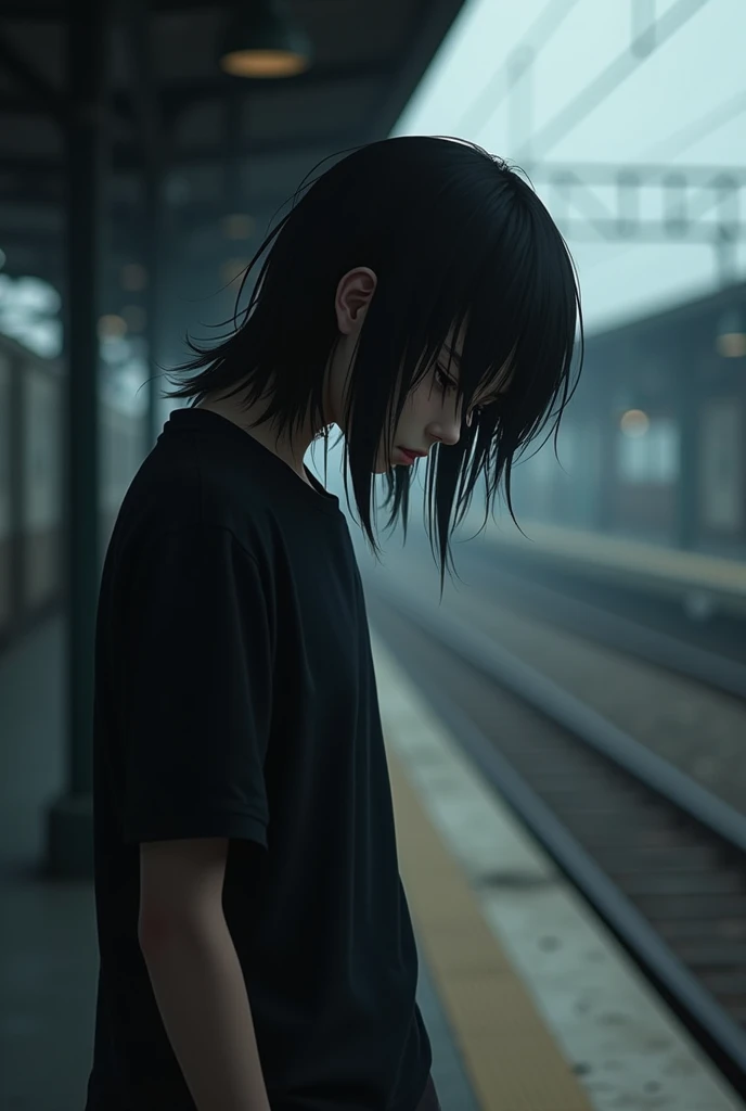 Boy with depression、Japanese、Long Hair、Black T-shirt、Look down、Real、Detailed Description、Station platform、Cloudy、Highest quality、Masterpiece