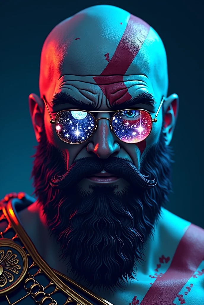 God of War Kratos，Wearing glass sunglasses，There are stars and moon on the glass, Dark sky blue and light style, Minimalist pen line,god of war, Use of precious materials, Vibrant colors, Fascinating, flash 