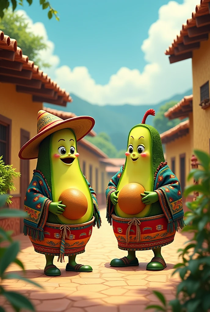 Animated avocados potaxes dressed as Colombians in their village 
