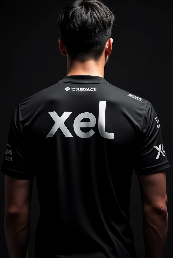 a very  close back shot of a guy without head wearing a black eSports jersey with sponsorships and with "XEL" written on the back with black background and a side pose with head not showing 
