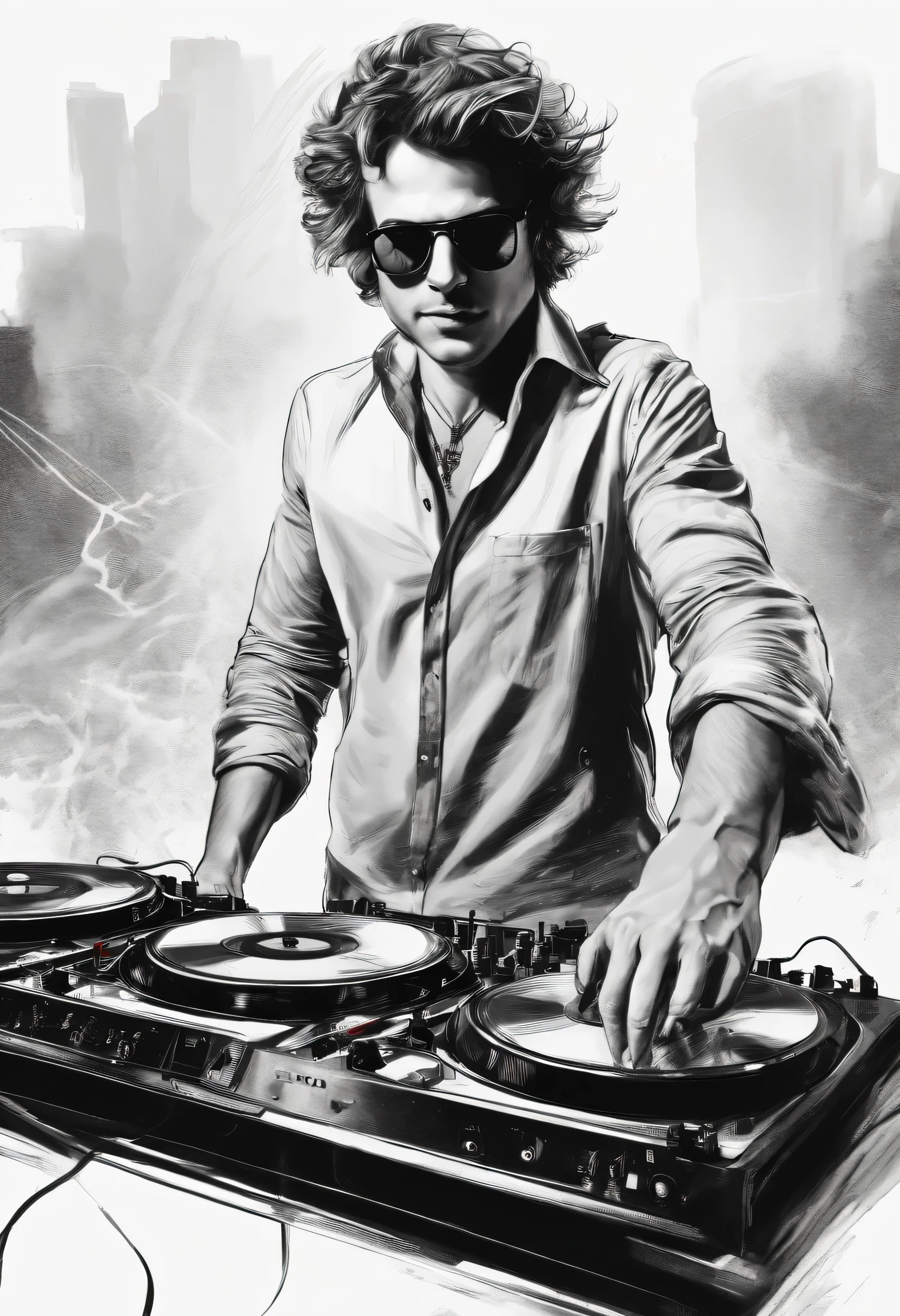 a black and white drawing of Jack Nicholas with a crazy look and messy hair, playing behind two turntables