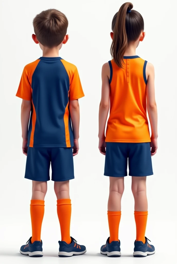According to the models of primary school sports equipment for children, create a sports uniform with the colors blue and orange. One for a boy and one for a girl. front and back view