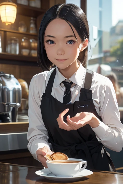 (8k, RAW photo, best quality, masterpiece), (photorealistic), outstanding details, ultra-high resolution, anatomically correct, textured skin, (Extremely precise and accurate anatomy),
Ultra Detailed Face, Detailed Eyes, 

 1 Girl, (barista) , ( barista uniform) , forehead, (pulled back hair) , 
(Cute Japanese girl , 1 ), light smile,
cinematic lighting in the hair, hair light, wind in the hair,
(open cafe), 

(backlighting), 
(reflection light from below:1.4), 
atmospheric perspective, depth of field, 
(dramatic lighting), cinematic lighting, 