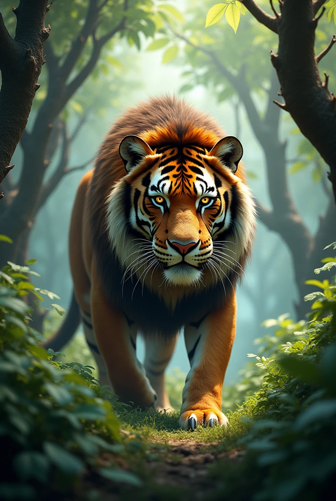 Lion with tiger face , in forest