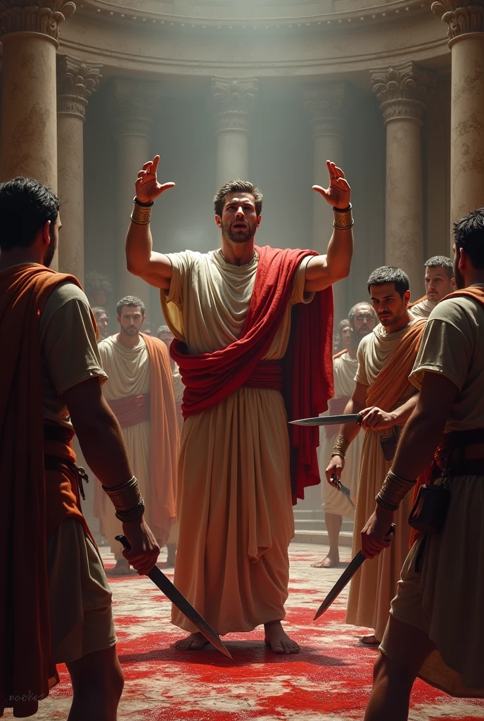 Create a dramatic and historically accurate depiction of the assassination of Julius Caesar, occurring on March 15, 44 BCE.
Visual Elements:
Setting: The scene takes place in the Senate House (Curia of Pompey) in Rome. The architecture should reflect the grandeur of Roman Senate buildings with marble columns and classical Roman interior elements.
Julius Caesar: Portray Caesar in a flowing Roman toga, showing a look of shock and betrayal as he is surrounded by his assassins. He should be in a posture suggesting vulnerability, perhaps with his hands raised in a defensive gesture.
Assassins: Illustrate a group of senators, led by Brutus and Cassius, attacking Caesar with daggers. Ensure they are dressed in traditional Roman attire, such as tunics and togas. Show their intense expressions of resolve and fear.
Dramatic Lighting: Use strong contrasts between light and shadow to emphasize the dramatic and violent nature of the scene. The lighting should focus on Caesar, highlighting his central role in the composition.
Emotional Tone: Capture the chaotic and tragic nature of the assassination with dynamic poses and facial expressions. The image should evoke a sense of betrayal and historical significance.
Background Details: Include elements like scrolls, Roman statues, and historical artifacts in the background to add authenticity to the setting.
Additional Details:
Color Palette: Use a mix of warm and cool tones to create a dramatic atmosphere, with dark reds and earthy browns to suggest blood and turmoil.
Focus: Ensure Caesar is the focal point of the image, surrounded by the conspirators in a manner that conveys the intensity of the attack.