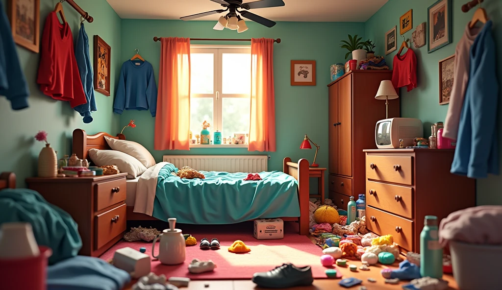 Im Stil von Pixar 3D-Animation filmen (Caricature). A messy room. There are clothes, Beverage cans, Leftover food and packaging waste.