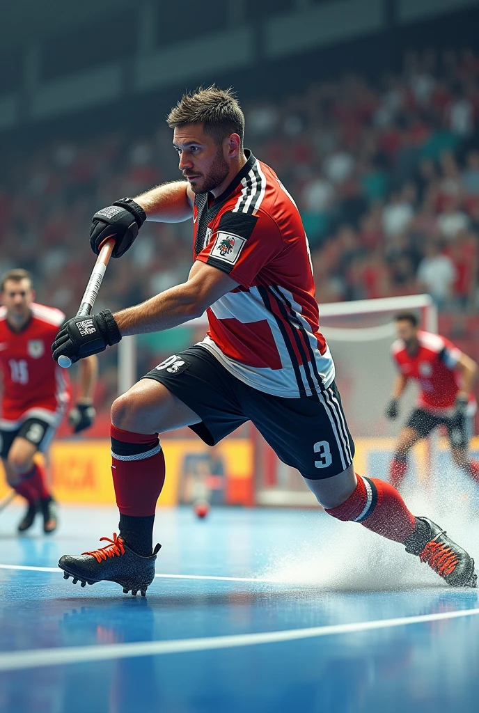Create a realistic picture of a Ring Hockey Player who is playing for germany and he is shooting on the goal against spain