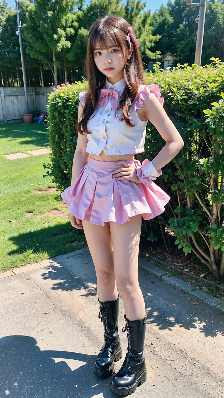 (8k、RAW Photos、Highest quality、masterpiece:1.2)、(Realistic、Realistic)、1 person、((Black and Pink、garden、ribbon、Frills、mini skirt、Thin legs、whole body、boots、View from the front、Looking into the camera、Stand with hands on hips))、cute