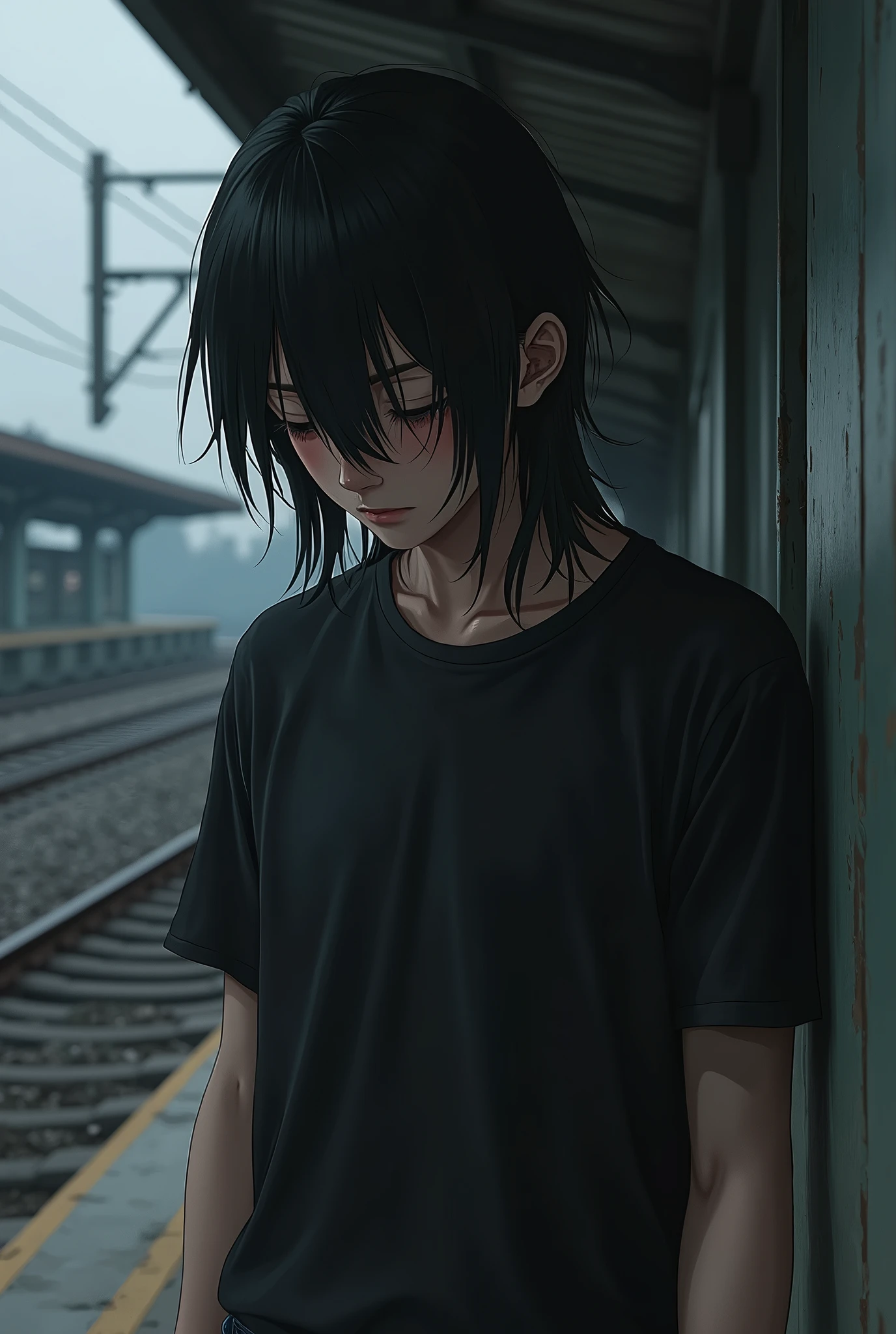 Boy with depression、Japanese、Long Hair、Black T-shirt、Look down、Real、Detailed Description、Station platform、Cloudy、Highest quality、Masterpiece