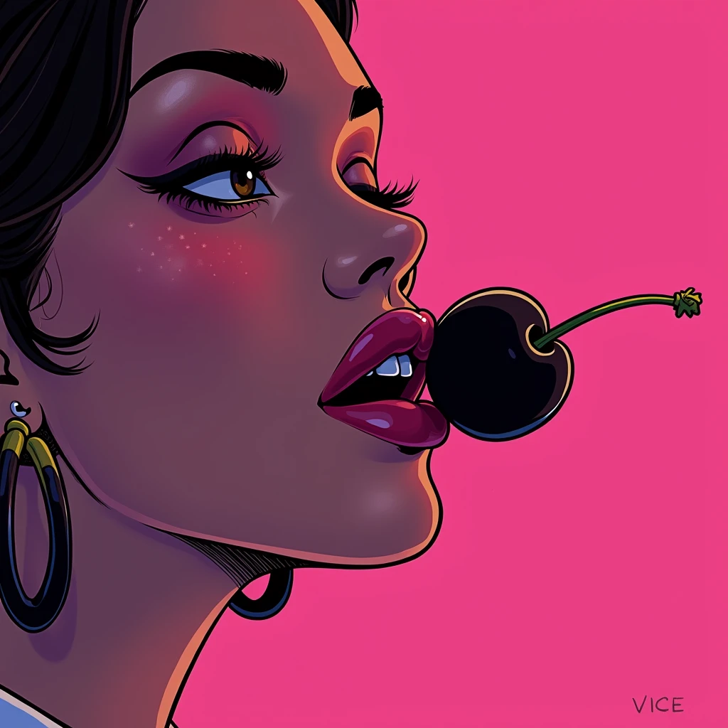 Black shadow of cherry being eaten by lovely woman lips, cartoon, Vice City GTA, pink background