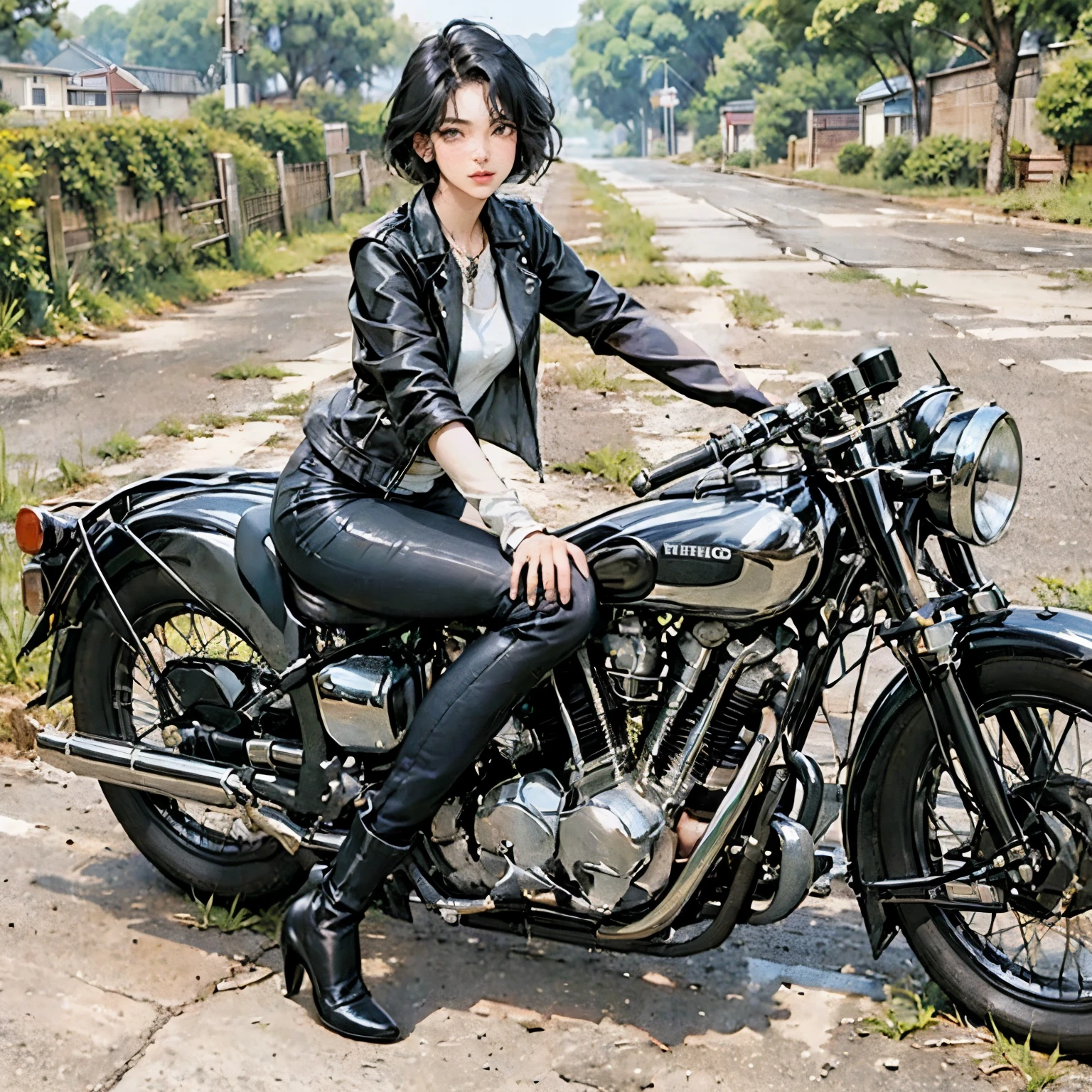  (Riding on motorcycle:1.2), Beautiful young woman、1、Beautiful Face, Beautiful and delicate eyes, Black Hair, Short Bob Hair,  Classic Leather Jacket、Vintage、Nostalgia、Rural Scenery、