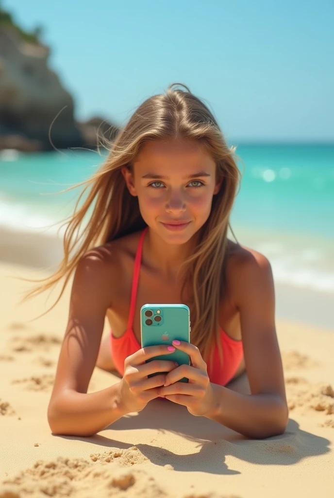 Young girl lying on beach sand, frontal view, spread legs wide aside, texting on phone, wearing sexy micro bikini, ultrarealistic, realistic photo, real picture, ultra quality, 4k, sharp details