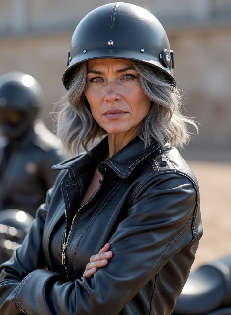 Caucasian old milf with grey hair and wearing black leather jacket, puts on a black steel helmet 