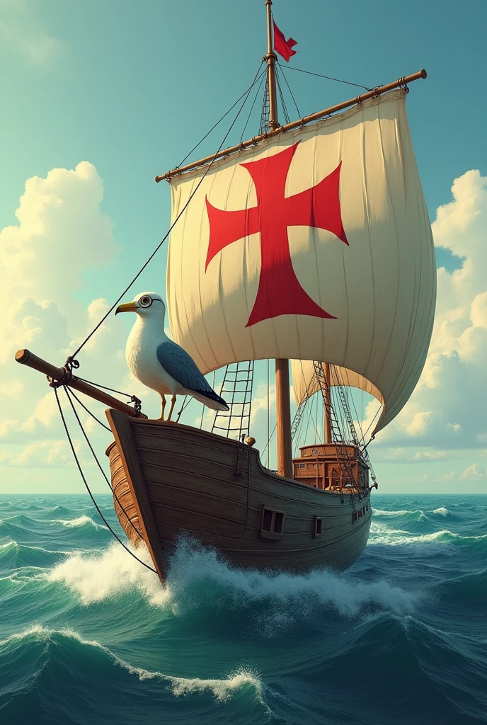 a caravel (do sec XV) on ocean, and on the mainsail the stamped malt Cross, at the helm a seagull holding a monocle turned towards the viewer,
