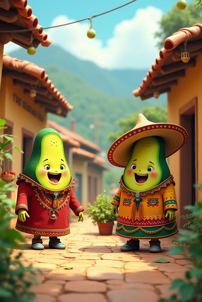 Animated avocados potaxes dressed as Colombians in their village 
