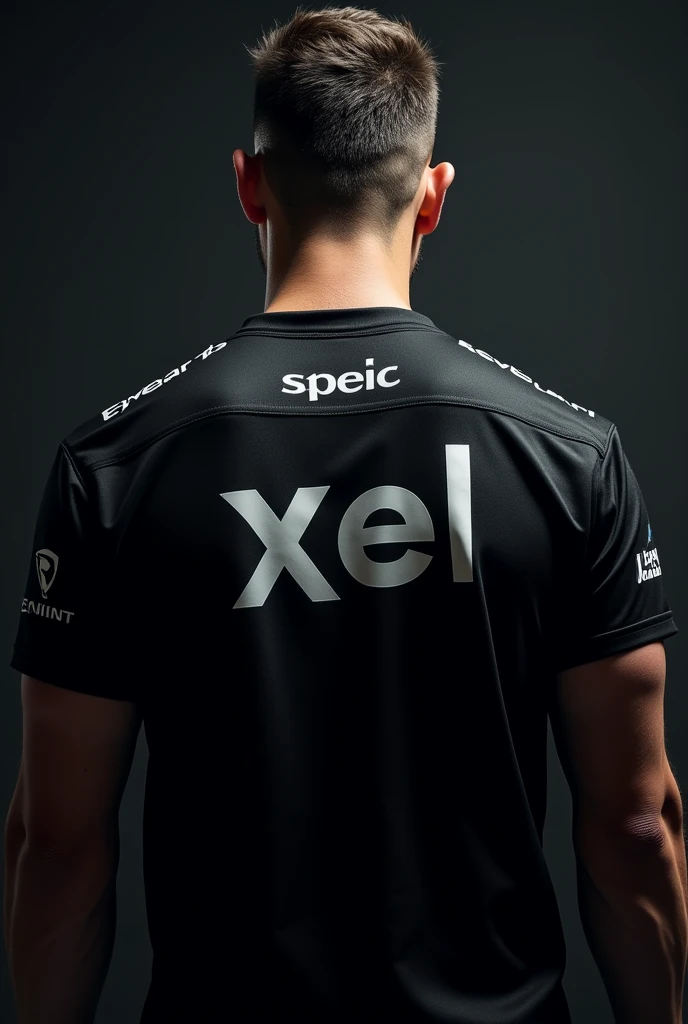 a very close back shot of a guy without head wearing a black eSports jersey with sponsorships and with "XEL" written on the back with black background and a side pose, don't show the head of the person