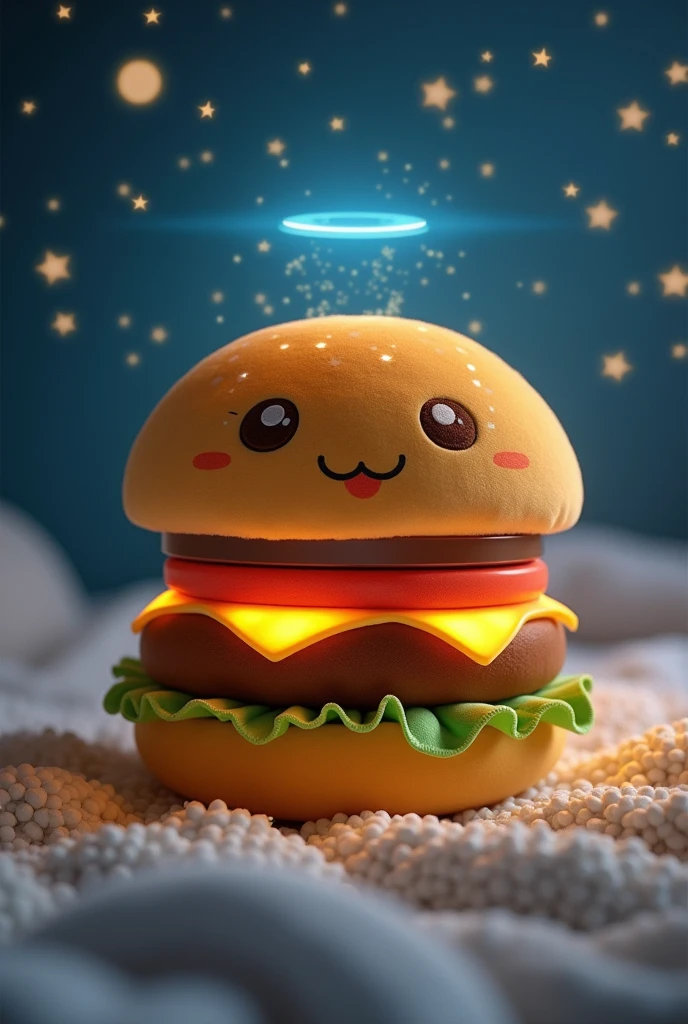 A technological hamburger-shaped plush toy that connects to a mobile app and offers customizable features such as LED lights with projections of starry skies or soft animated characters on the ceiling to reduce the fear of the dark, relaxing sounds, and gentle vibrations that induce sleep, In addition to having a function of "virtual companion" who talks to the child to calm him down if he wakes up during the night. The stuffed animal could have sensors to detect movement and automatically play soothing sounds or emit soft light when the child moves or wakes up.. Also in the app, The child earns points and rewards by completing tasks such as brushing teeth., Read a book, and go to bed on time

