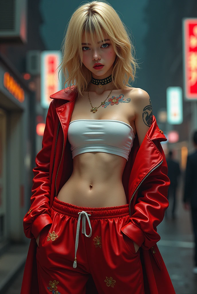 night、White tube top bra、Red leather long coat、Red sweatpants、embroidery、Bakusozoku、Yankee、Belly button、Blonde、Black hairline、Wide forehead、Get angry