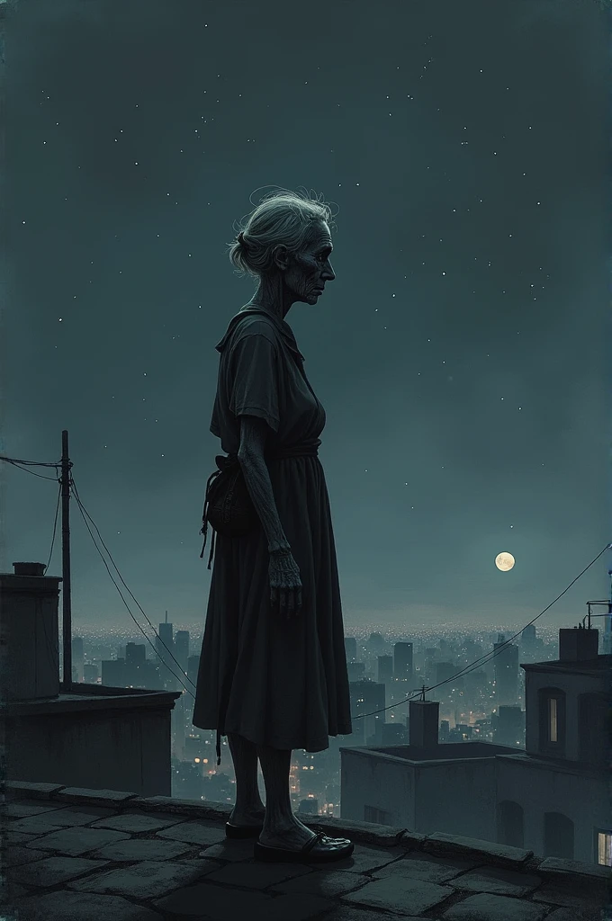 A thin old woman on a rooftop at night in a drawing